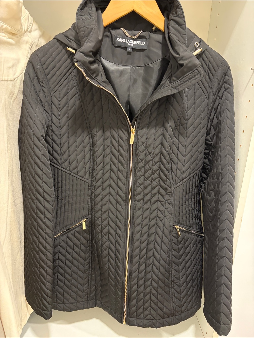 Karl Lagerfeld Black Quilted Hooded Puffer Jacket with Gold Zippers